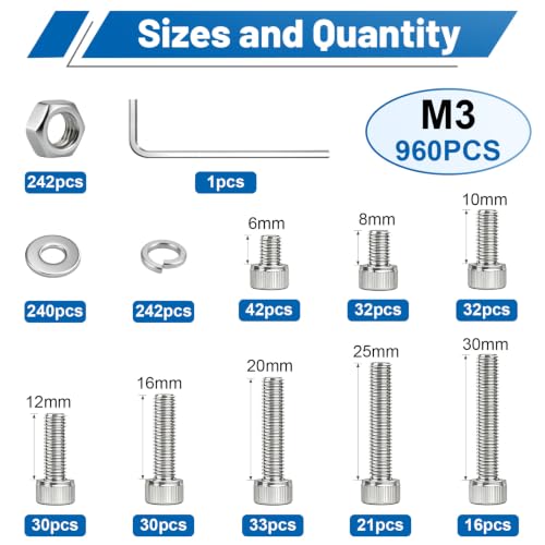 960PCS M3 Hex Socket Head Cap Screw Assortment Kit 304 Stainless Steel - size: SS M3 960PCS