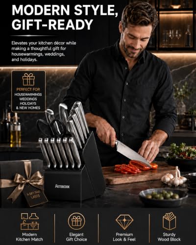 Astercook Knife Set 15 Piece German Steel Kitchen Knife Block Set - color: Midnight Black