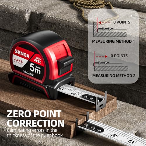 SENDA Tape Measure 16FT with 1/8 Fraction, Double-Hook Measuring Tape Retractable with 1 Inch Wide Blade & Belt Clip, ABS TPR Rubber Protection,Matte Nylon-Coated Blade for DIY, Construction (1 Pack) - color: Red, size: 16 FT