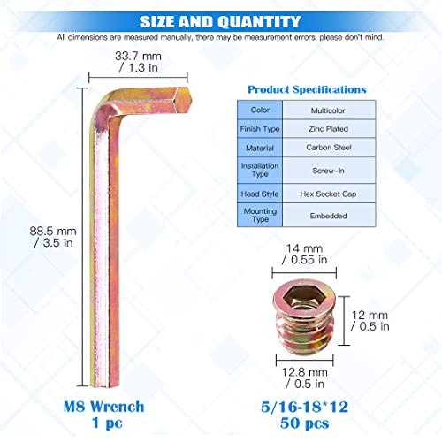Glarks 50Pcs 5/16"-18 x12mm Threaded Inserts Nuts Zinc Plated Carbon Steel Hex Socket Drive Furniture Flanged Screw-in Nut with M8 Hex Wrench for Wood Furniture (5/16''-18 x 12mm) - size: 5/16"-18 x 12mm