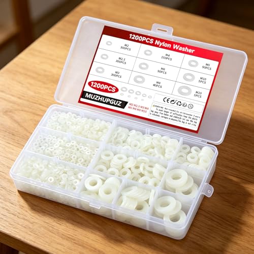 1200Pcs Nylon Flat Washer Assortment Kit, 8 Sizes M2-M10, White