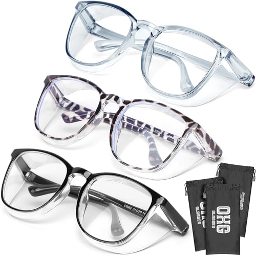 OXG 3 Pack Stylish Safety Glasses, ANSI Z87+ Anti Fog Safety Goggles Blue Light Blocking Protective Eyewear for Nurses - color: Leopard+black+olive Green