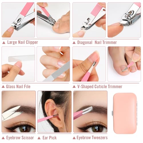 Manicure Set Women Nail Kit with Nail Clippers Eyebrow Tweezers Glass Nail File with Case Manicure Pedicure Kit Grooming Kit Personal Care Tools for Home Outdoor Travel Gift Giving Salon - color: Pink