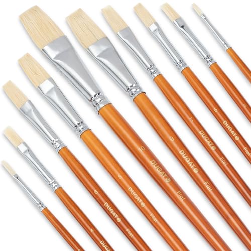 DUGATO Hog Hair Flat Paint Brush Set, 10-Piece Short Handle Brushes - color: Brown - 10pcs Flat