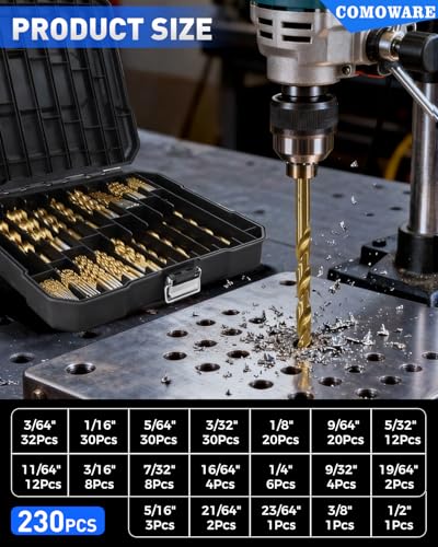 COMOWARE 230 Pcs Titanium Coated Drill Bit Set for Wood, Metal, Plastic & Aluminum Alloy - 3/64" to 1/2" with Storage Case - style: 230 Pcs