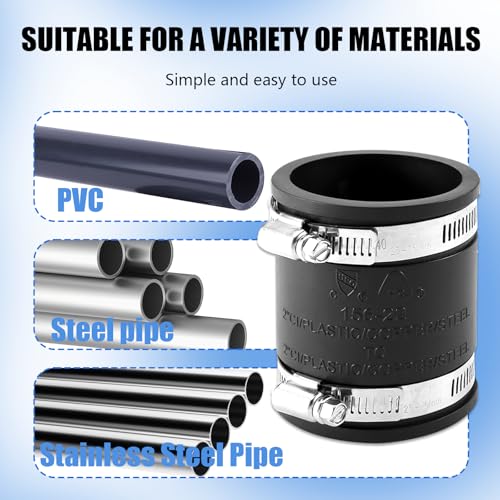 2" Flexible Pvc Pipe Coupling with Stainless Steel Clamp, Flexible Fitting for Connecting Cast Iron, Plastic and Copper Pipes, for Sewer and Drain Connections(Black) - size: 2 Inch