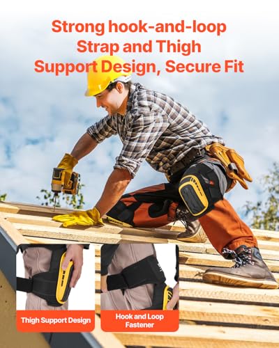 VEVOR Knee Pads for Work, Extended Heavy Duty Construction Knee Pads with 2 Extension Straps, Foam Gel Cushion, Anti-slip for Gardening Flooring Roofing and Cleaning, Men & Women, Yellow and Black