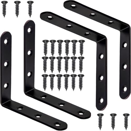 4 Pcs Black L Bracket Corner Braces Stainless Steel 4" x 4" Shelf Bracket for Wood, Shelves, Furniture, 90 Degree Support Joint Right Angle Brackets 100x100mm - size: 4PCS-Black 100*100mm/4*4in