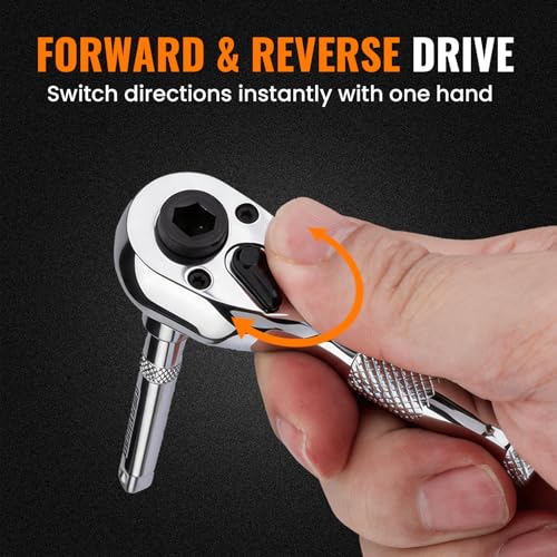 1/4" Stubby Ratchet Wrench & Bit Set, 90T Dual Head Mini Ratchet, Reversible Ratchet with 3" Extension Bar & 10-Piece Hex Bit Set for Tight Spaces - size: 1/4"