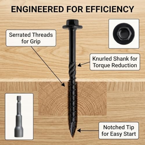 [Pack of 50] #14 x 4 inch Wood Structural Screws, Heavy Duty Hex Head Black Timber/Log/Landscaping Wood Screws, Rust Resistant, Hex Socket Included - color: Black, size: #14 x 4"