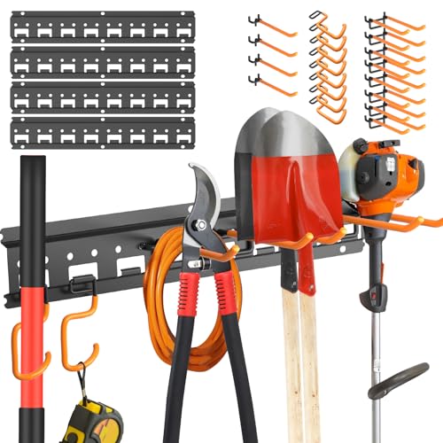 Garden Tool Organizer Wall Mount - Garage Storage and Organization Yard Tool Hanger with Adjustable Pegboard Hooks Shed Rack for Broom Mop Shovel Rake Trimmers, 64 inch Max 750lbs, Black - size: 64 Inch