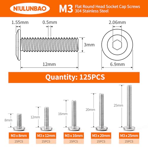 M3 x 8mm 12mm 16mm 20mm 25mm Flat Round Head Hex Socket Cap Screws Bolts, Furniture Screws, 304 Stainless Steel, Metric Fully Threaded, Allen Hex Drive, Bright Finish, Assortment Kit 125PCS - size: M3 x 8/12/16/20/25mm (125PCS)