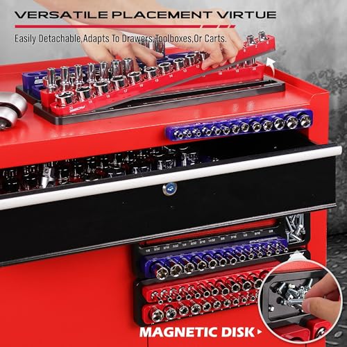Magnetic Socket Holder Organizer Set: 6-Piece Detachable 1/2 3/8 1/4 Drive Sockets Storage Tray Magnetic Socket Organizer Tool Box Drawer Tool Box Organizers Storage Metric SAE (Sockets Not Included) - style: 6-Piece Trays w/ Base (Holds 143)