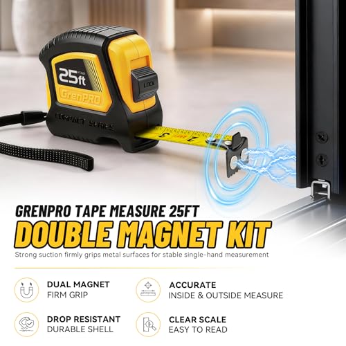 GRENPRO 25FT Magnetic Tape Measure, Double-Sided 1/32", Nylon Coated Blade - color: Yellow