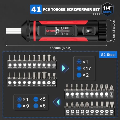 VANPO Torque Screwdriver 15-75 in-lb, 1/4" Drive Precision Driver Set - size: 15-75In-lb