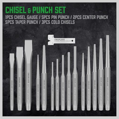 16-Piece Precision Punch & Chisel Set - Taper Punch, Pin Center Punch, Cold Chisels & Gauge for Versatile Applications - size: 16PCS