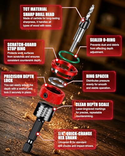 9PCS Countersink Drill Bit Set with Adjustable Depth Stopper - color: Red, size: Standard - Manual Adjustment