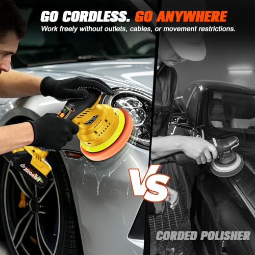 Cordless Dual Action Car Buffer Polisher, 8-Speed, 2*21V Batteries - color: Yellow