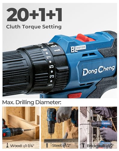 Dong Cheng 20V Brushless Heavy-duty Impact Drill, 443 in-lbs, 27000 IPM, 1/2" Keyless Metal Chuck, 20+1+1 Clutch, Cordless Hammer Drill with 2 Battery Kit for Drilling Brick Wall, Metal, Wood - style: 443in-lbs Impact Drill