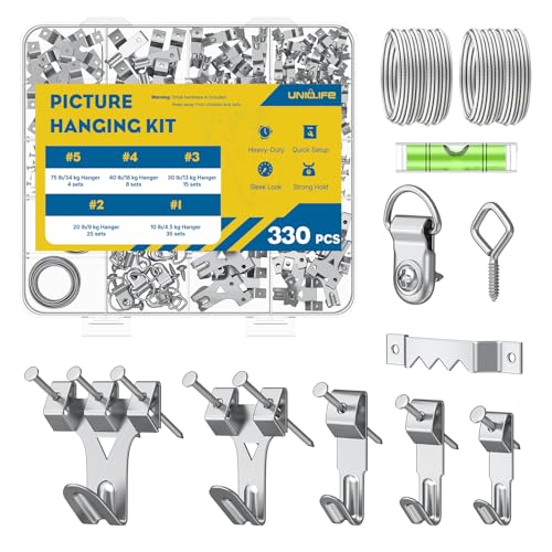 Uniclife 330 Pcs Heavy Duty Picture Hanging Kit, 10 lb, 20 lb, 30 lb, 40 lb, 75 lb Picture Hanging Hooks with Nails, D Ring Picture Hangers Sawtooth Picture Hangers Picture Hanging Wires & Screw Hooks - style: Silver