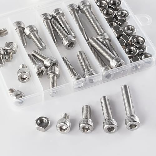 M8 x 10mm 20mm 30mm 40mm Hex Socket Head Cap Screws Bolts and Nuts, Stainless Steel 304, Bright Finish, Metric Allen Drive, Fully Thread, Assortment Kit 48PCS - size: Socket M8x10-40mm+Nuts