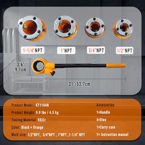 Ratchet Pipe Threader Kit w/ 4 NPT Dies (1/2", 3/4", 1", 1-1/4"), Heavy-Duty 9SiCr Steel Threading Tool for Galvanized, Iron, Copper & Aluminum Pipes, Portable with Storage Case - size: 1/4" - 1-1/4" (4pcs)