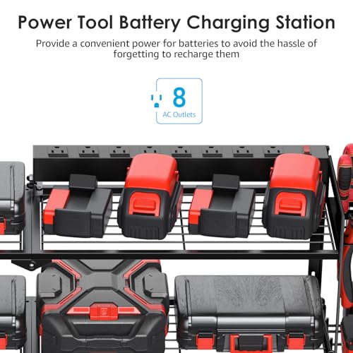 CCCEI Large Garage Tools Storage with Charging Station. Power Tool Battery Organizer Utility Shelf with Power Strip. 4 Drills Holder Wall Mount Rack, Black 3 Layer. - size: Large, style: 3 Layer