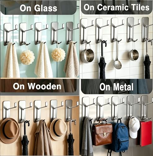5Pcs Adhesive Wall Towel Hooks, No Drill Waterproof Bathroom Shower Hooks - color: Silver