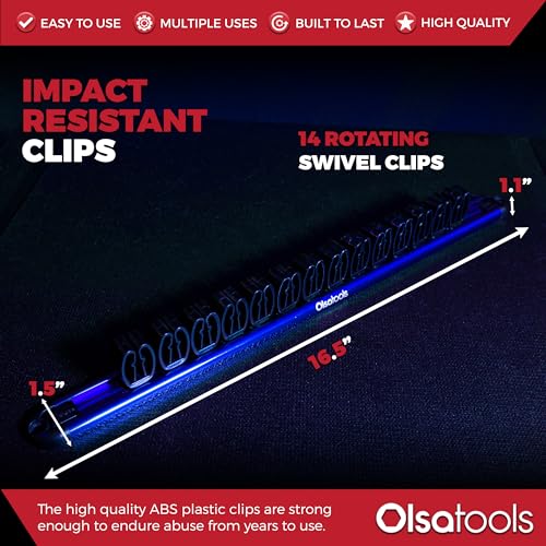 Olsa Tools Wall Mount Wrench Organizer - Rotating Clip Rack for 14 Wrenches - Blue Anodized Aluminum with Black Clips - Space Saving Tool Holder - Professional Grade Storage Solution - Part: 1029 - style: Blue Aluminum + Black Clips