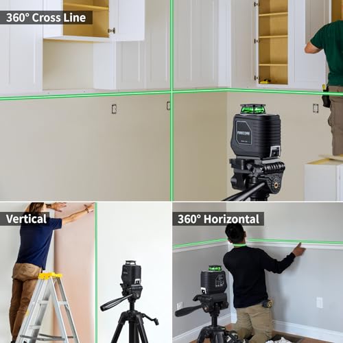 Firecore 360° Laser Level with Tripod, 100Ft Self Leveling Laser Level Green Cross Line Laser Leveler Tool for Picture Hanging Wall Tile Floor Construction, 60" Compact Tripod & Carry Pouch Included - style: 360° Cross Line Laser w/60" Tripod