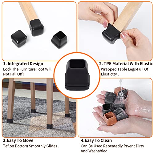 Ezprotekt 24 Pcs Chair Sliders for Carpet, Square Chair Glides for Carpet, Teflon Furniture Pads for Carpet, Chair Leg Protectors Caps for Carpet for Dining Table Chair, Black M (Fit: 0.75"-1") - size: M-Black
