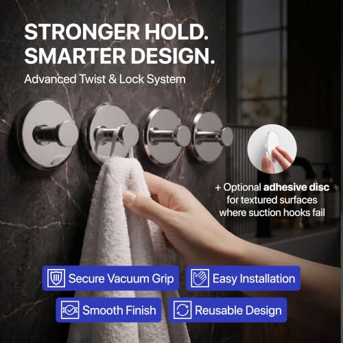 HOME SO Suction Cup Hooks for Shower & Bathroom Towel Holder 4-Pack Chrome - color: Chrome, size: 4 Pack