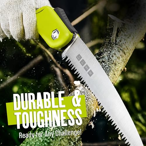 Folding Camping saw 11 Inch - Heavy Duty Pruning Saw with Triple-Cut SK5 Blade, 7 TPI Razor Teeth for Tree Trimming, Wood Cutting, Camping, Bushcraft, and Gardening - size: 11 INCH (Lime Green)