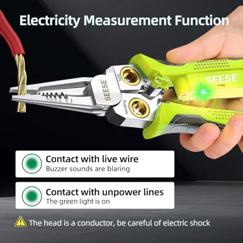 SEESE 8-in-1 Wire Stripper for Electrician: Needle Nose Pliers with Voltage Tester & Dual Alarms - Electrical Pliers for Cutting Wires, Pulling Wires and Crimp Wires