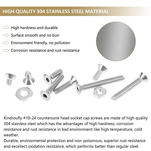 152 Pieces #10-24 x 5/16", 3/8", 1/2", 5/8", 3/4", 1", 1-1/4", 1-1/2", Countersunk Head Socket Cap Screws Nuts Washers Assortment Kit, 304 Stainless Steel, Fully Machine Thread - size: #10-24, style: Countersunk Head