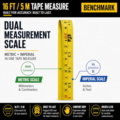 Benchmark - 4 Pack of 16ft Tape Measures - Retractable, Auto Lock, Metric and Imperial (feet and Centimeters), Tough Outer Shell Protection