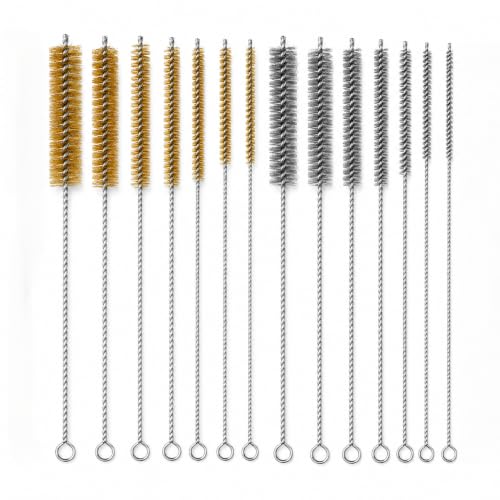 14PCS Tube Cleaning Brush Set, 7 Brass & 7 Stainless Steel Wire Brushes, 12-Inch Long Pipe Cleaner Kit, 7 Sizes Round Bore Brushes for Fuel Lines, Auto and Engine Parts