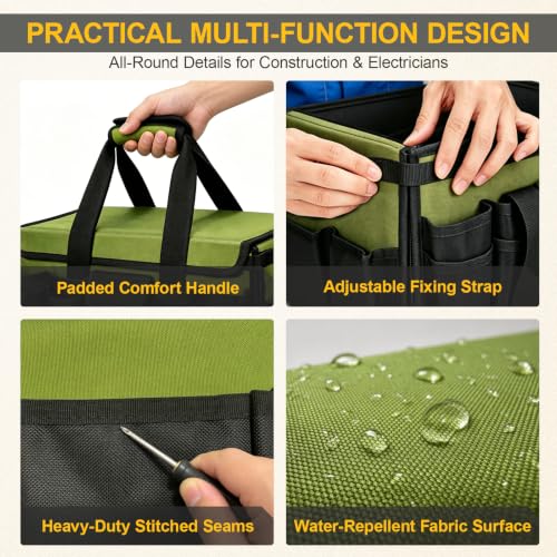 18-Inch Heavy Duty Tool Bag, 45-Pocket Large Capacity Tool Organizer with Hard Base & Waterproof Pocket, Tear-Resistant Electrician Tool Tote for HVAC, Mechanic, Carpenter