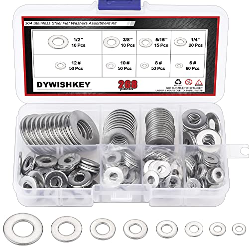 DYWISHKEY 268PCS 8 Sizes Flat Washers Assortment Kit, 1/2 3/8 5/16 1/4 12# 10# 8# 6#, 304 Stainless Steel