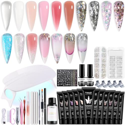 Fcozpjk Poly Nail Gel Kit with UV Light 12Colors Extension Gel Starter Kit - color: 12colors-6solid-6glitter-with-tools