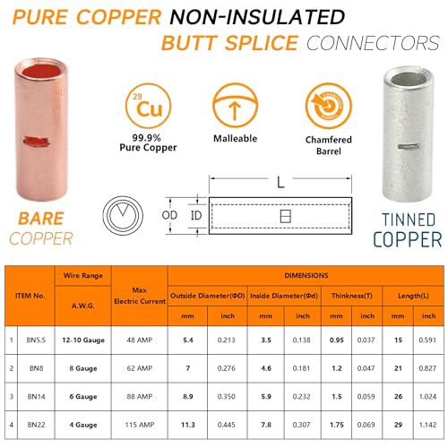 SVAAR Butt Connectors Kit 132PCS 4/6/8/12-10 Gauge Crimp Butt Splice Wire Connectors Non Insulated Butt Splice Connectors Bare Pure Copper 66 PCS Uninsulated Butt Terminals & 66 PCS 3:1 Heat Shrink - color: Non-Insulated Splice - Bare Copper