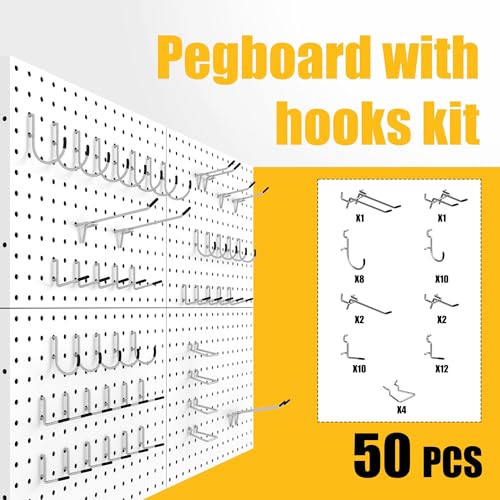 Spampur Peg Board, 4 Pack Metal Pegboard Panels with 50 Hooks - color: White, size: 16x12"- 4 Pcs