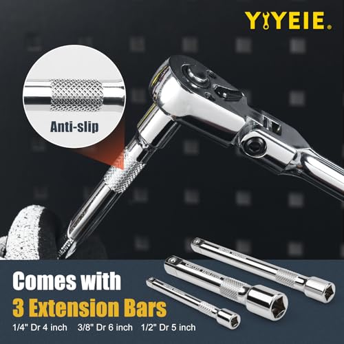 YIYEIE 6-Piece Flex Head Ratchet Set, 1/4", 3/8", 1/2" Drive, Swivel Head Ratchet Wrench with Extension Bar, 72 Tooth, 180° Adjustable, Quick-Release, Flexible Ratchet Handle with EVA Foam - size: 1/4", 3/8", 1/2" Drive, style: 6pcs Flex Head Ratchet Set