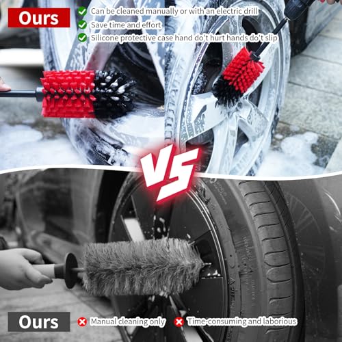 Wheel Brush, Soft Drill Wheel Cleaner Brush, Drill Brush for Car Wheel, No Scratches Highly Dense and Durable Car Wheel Brush Rim Tire Car Cleaning Brush for Wheels, Rims, Engines, Exhaust - color: Black+red