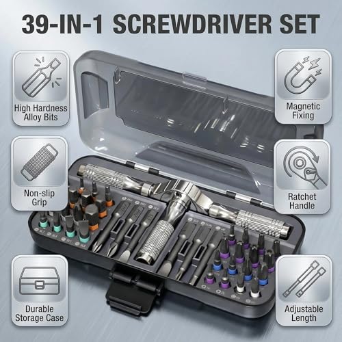 Magnetic Precision Screwdriver Set 39 in 1, Alloy Tool Steel, Multi Bit Magnetic Drive Kit with Detachable Ratchet Handle, Portable Compact Sturdy Tool Case for Furniture Electronics Bicycle