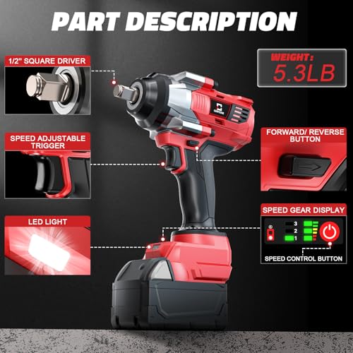 Cerycose Cordless Impact Wrench 1/2 inch Compatible with Milwaukee 18v Battery Brushless High Torque Impact Driver Gun with 1000 Ft-lbs Torque, LED Work Light, Ergonomic Design Heavy-Duty - size: 1/2inch, style: Fit with Milwaukee(1000FT-lbs)
