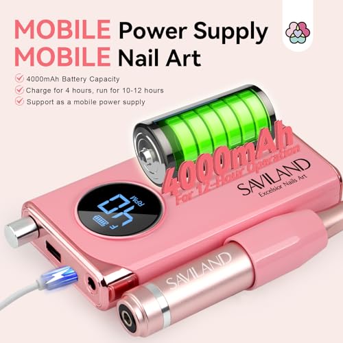 SAVILAND Electric Nail Drill Professional: 40000RPM Pink Rechargeable Portable Electric Nail Filer with 6000mAh Battery, for Shaping, Removing & Polishing Acrylic Nails Home Salon Manicure Gift - color: H -Light Pink