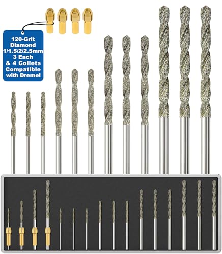 Sworker Diamond Drill Bits 1mm 1.5mm 2mm 2.5mm 3 Each 120-Grit 12Pcs with 4 Collets Compatible with Dremel Rotary Tool for Sea Glass Stone Shells Jewelry Making Porcelain Ceramic Gems - style: 12Bits+4Collets