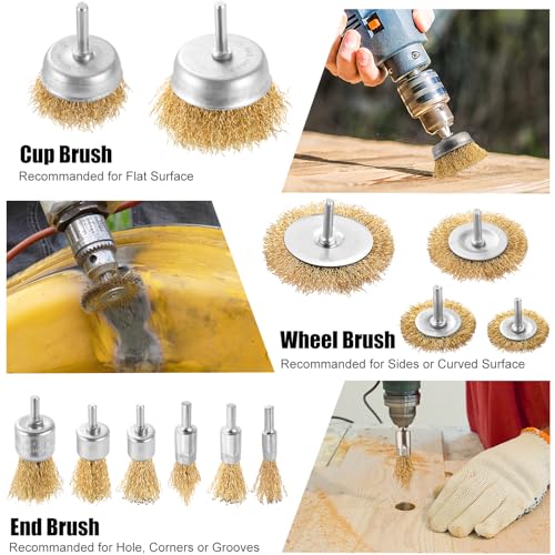 Wire Brush for Drill Set, 12Pcs Cup, Wheel & End Brush Kit with 1/4” Shank | Brass Coated Drill Brush Attachments for Rust Removal, Stripping, and Abrasive
