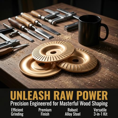Angle Grinder Wood Carving Disc Set, 3Pcs Gold Grinding Wheel 5/8" Arbor